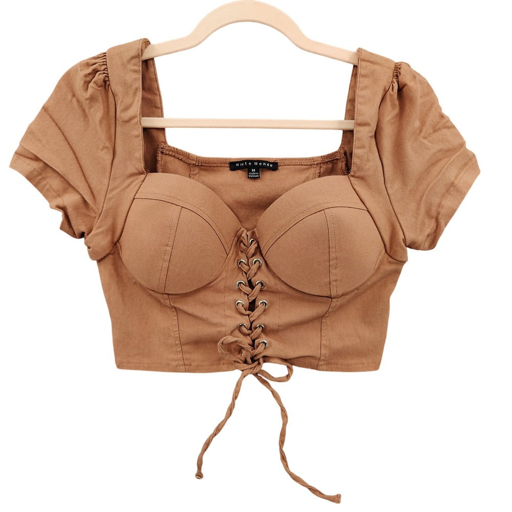 Haute Monde Womens Milkmaid Cottagecore Corset Crop Top M Brown Lace Up Bustier